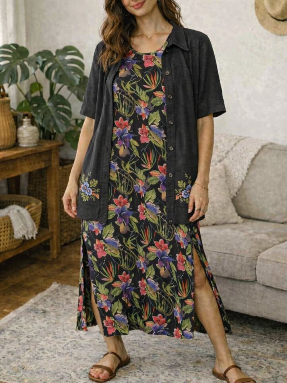 PS Classic 2pcs Floral Maxi Dress w/ Embroidered Button Up Shirt Set size 14